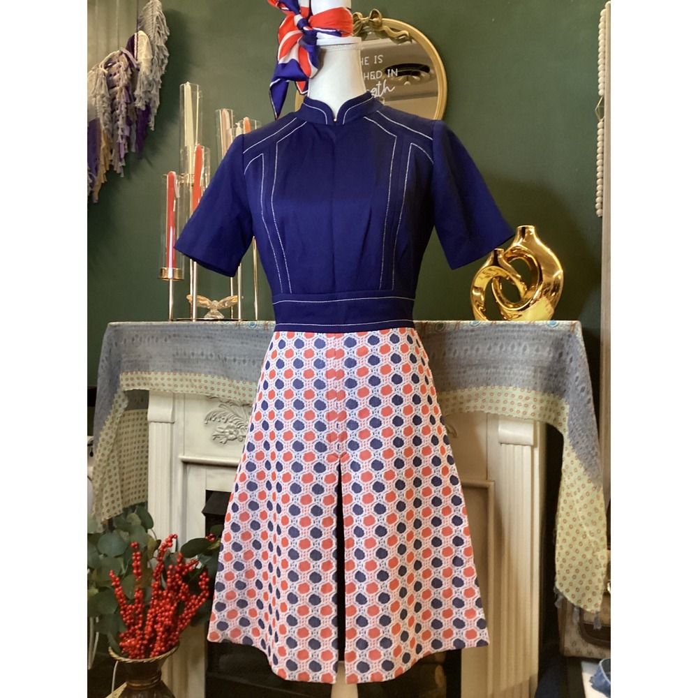 Vintage Lester Paul Dallas Navy Blue Orange Geometric Mod Knit Dress Mandarin